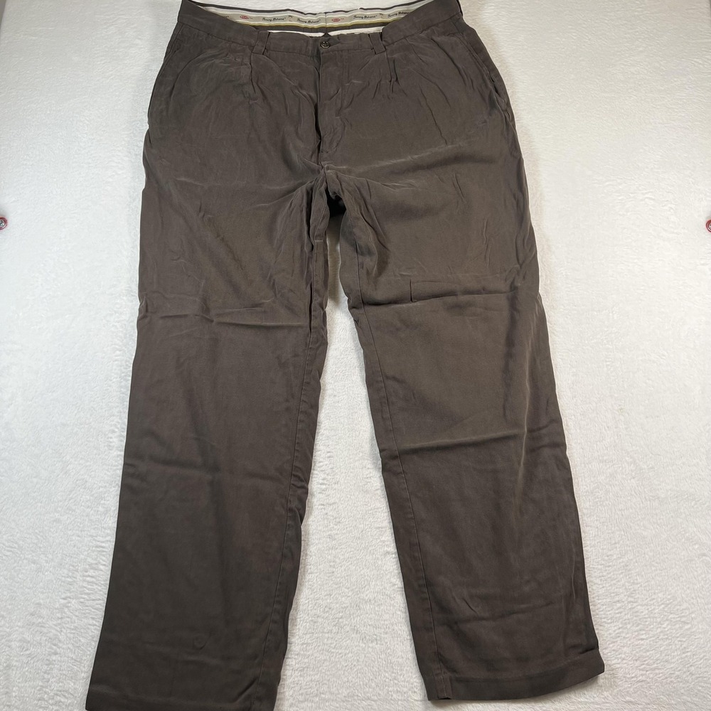 Tommy Bahama Pants Mens 38x32 Brown 100% Silk Pleated Chino Straight Leg Casual